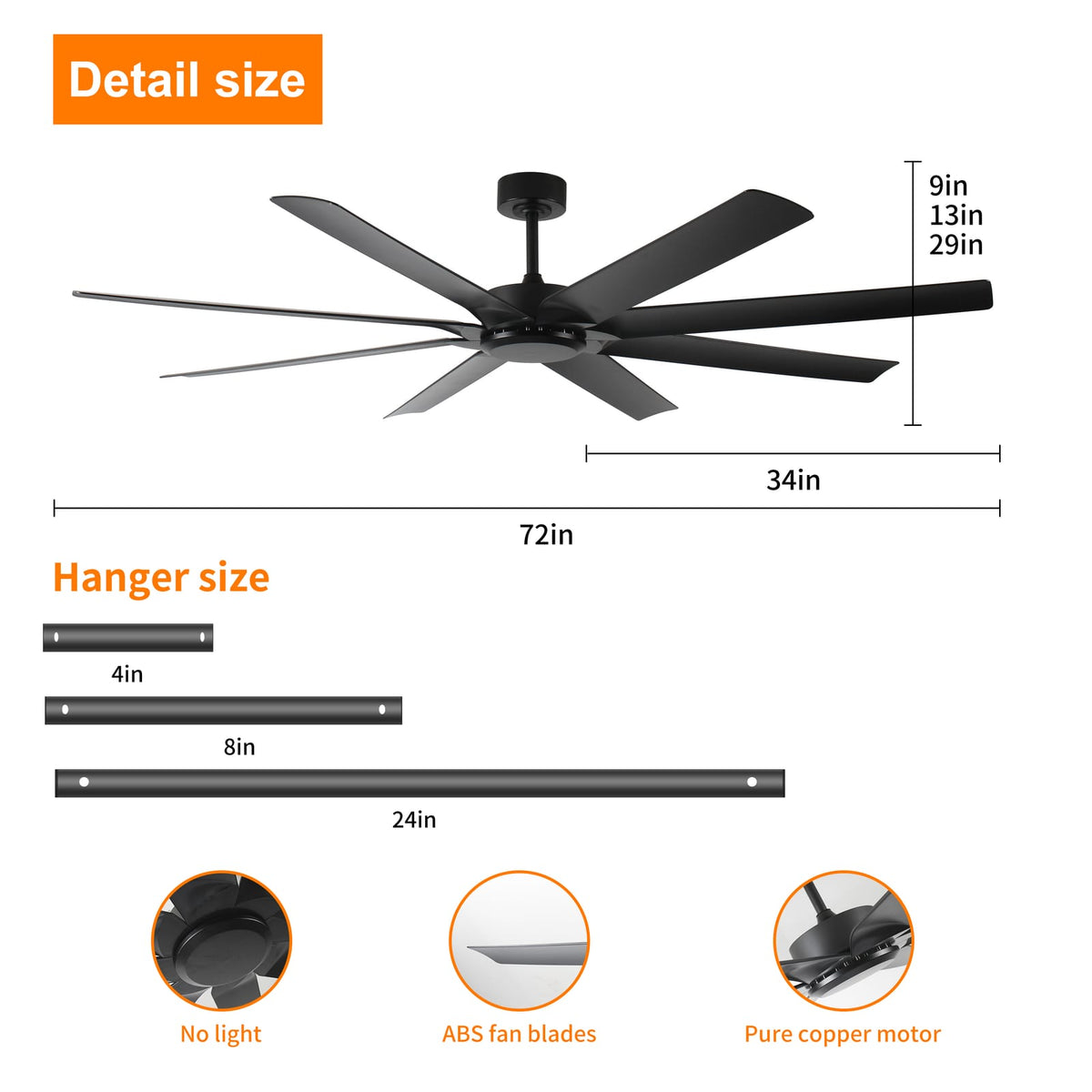 72 Inch Ceiling Fan Black - Quiet DC Motor, Remote Control