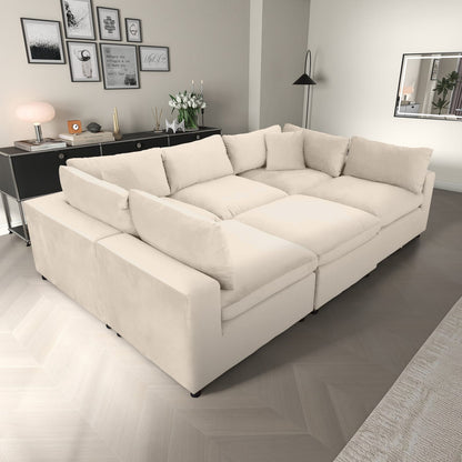 Six Seat Ivory Velvet Sectional Sofa for Living Room