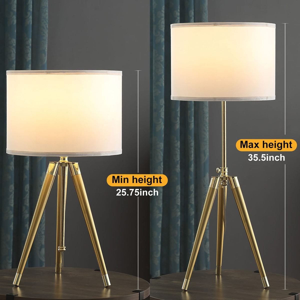 Gold & White Adjustable Tripod Table Lamp - 25.75" - 35.5"H Bedroom Lighting