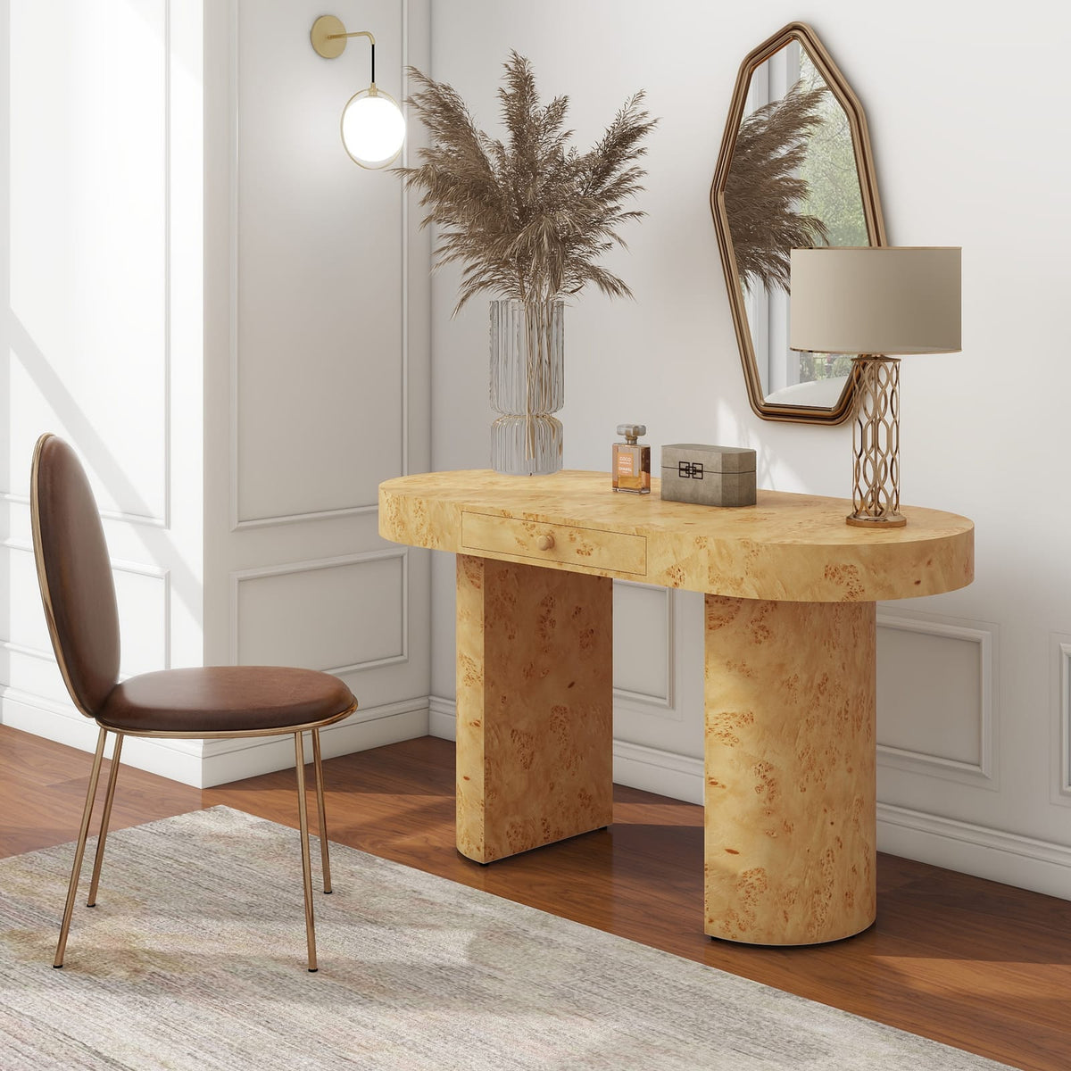Jesse 55.5" Oval Computer Desk - Warm Natural Brown Burl Wood