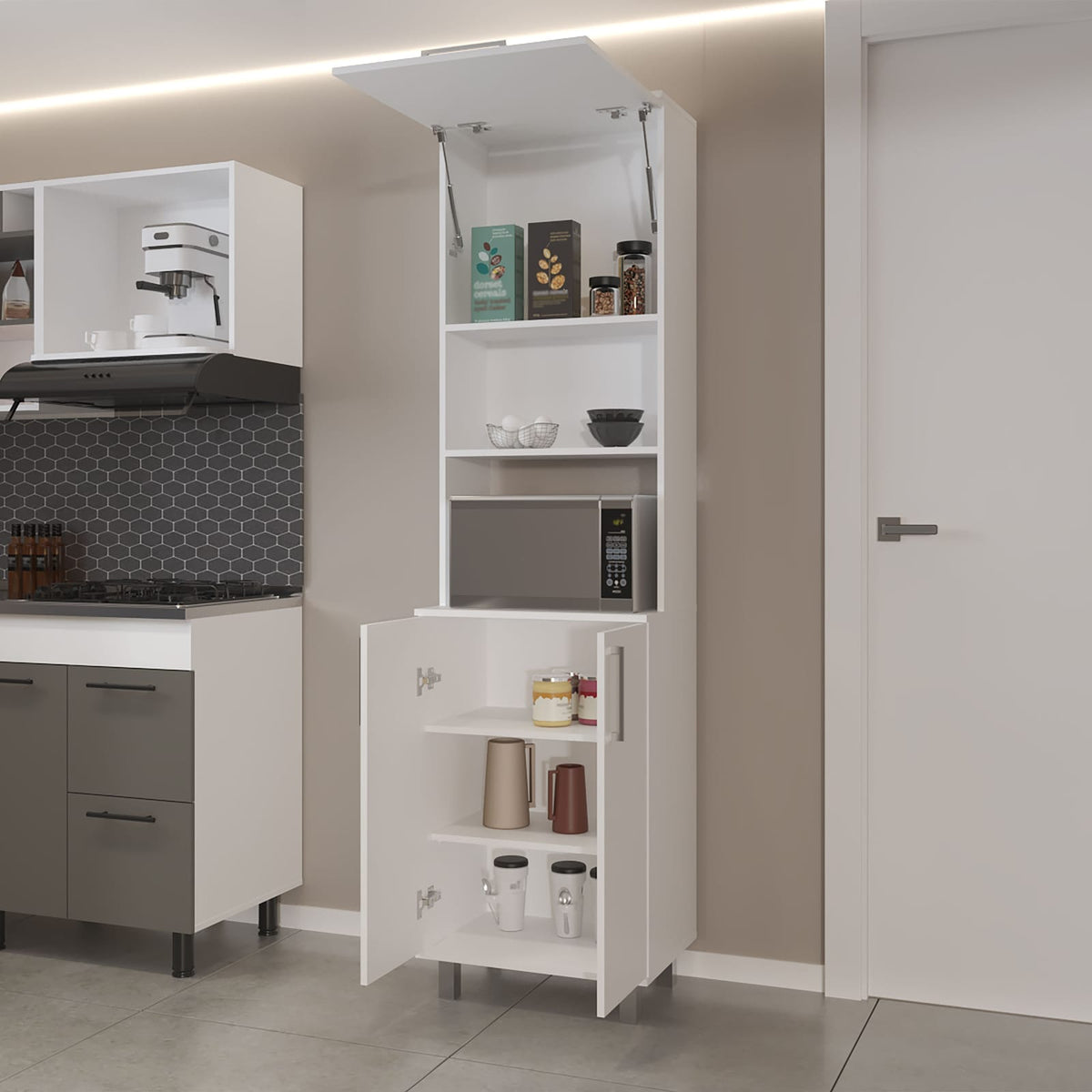 Modern White Kitchen Pantry with Open Storage and Pneumatic Door