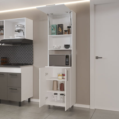 Modern White Kitchen Pantry with Open Storage and Pneumatic Door
