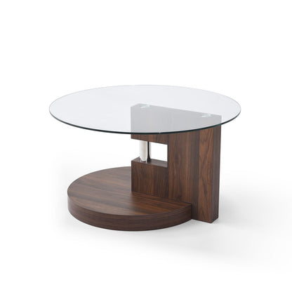 Modern Round Glass Table - Walnut & Grey Storage