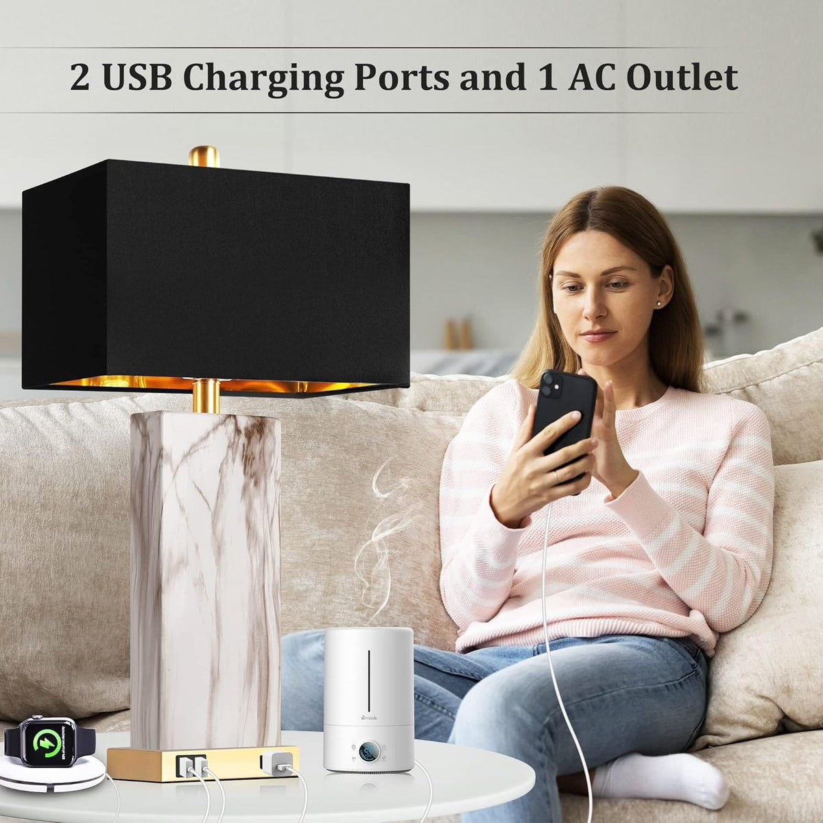 Modern Black Metal Table Lamps Set of 2 with USB Charging for Bedside