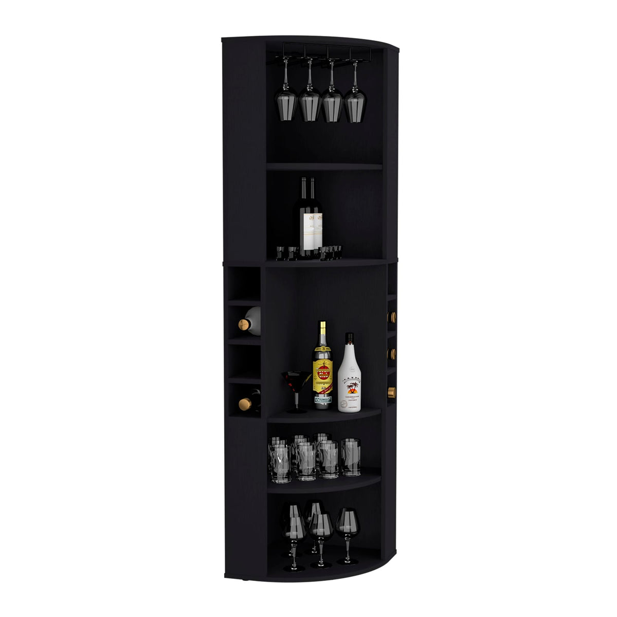 71" Corner Bar Cabinet - 5 Shelves, Black for Dining Room