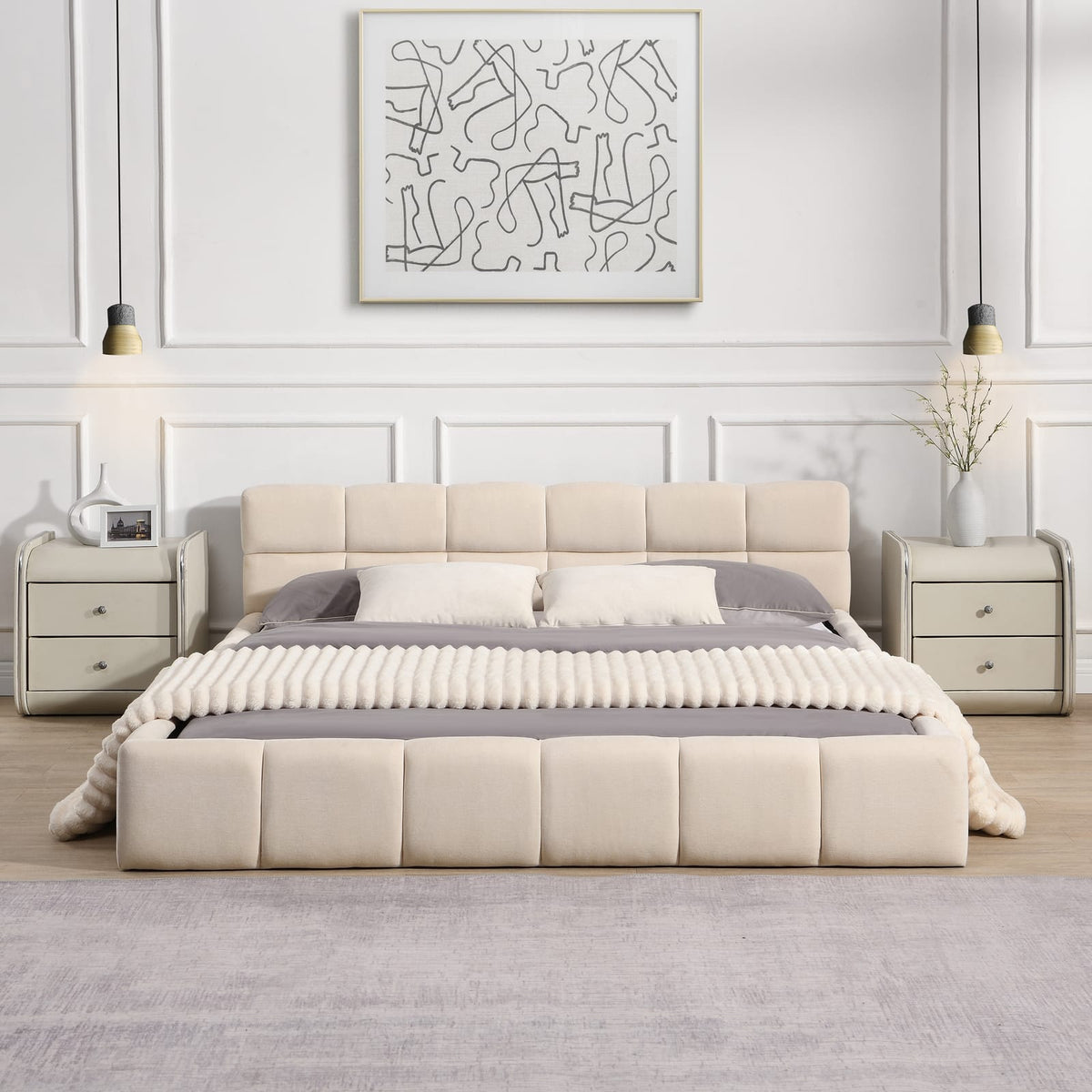 Beige Chenille Upholstered Queen Bed Frame with Checkerboard Design for Bedroom