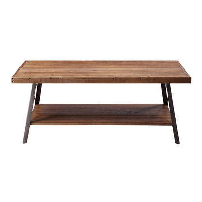 Rustic Oak Wood Storage Coffee Table with Metal Accents for Living Room