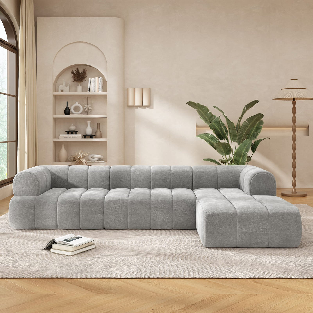 122" Grey L-Shaped Sectional Sofa - 4 Seats
