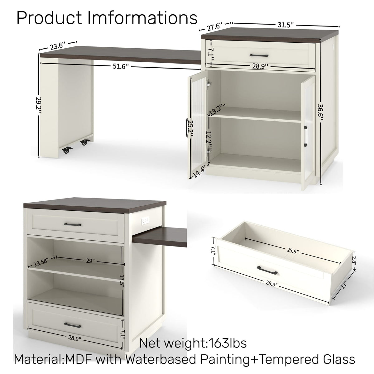83.1" Extendable Kitchen Island - Creamy White MDF & Glass