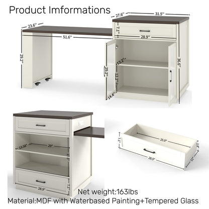 83.1" Extendable Kitchen Island - Creamy White MDF & Glass