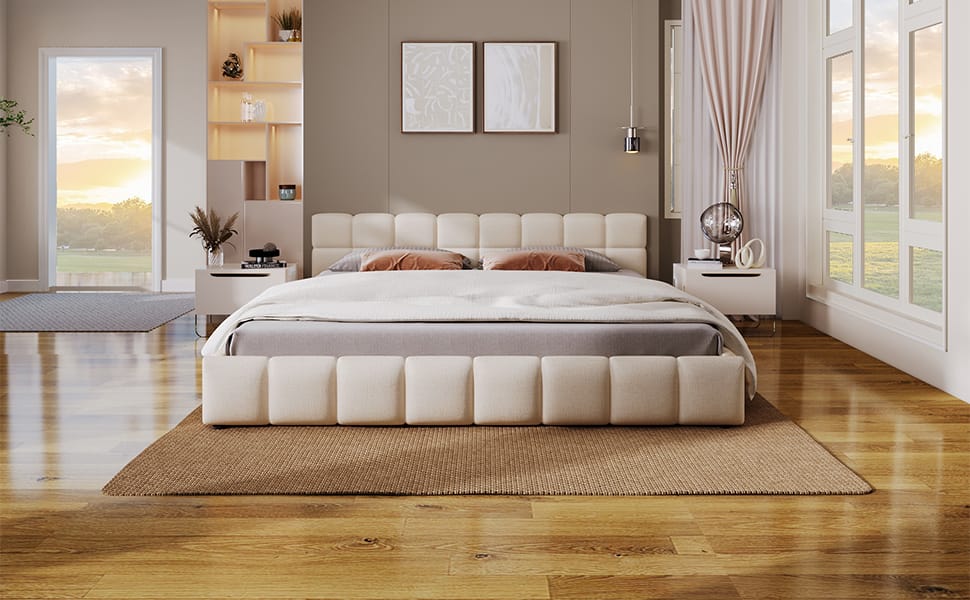 Beige Chenille Upholstered Queen Bed Frame with Checkerboard Design for Bedroom