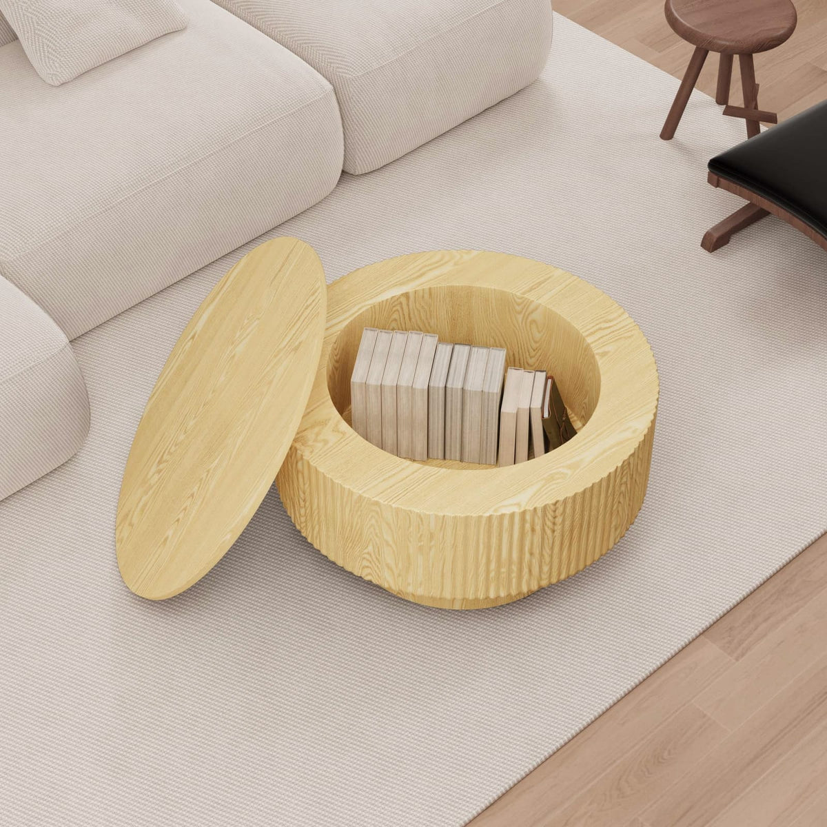 Natural Wood Circular Coffee Table - 29.5" Storage Table