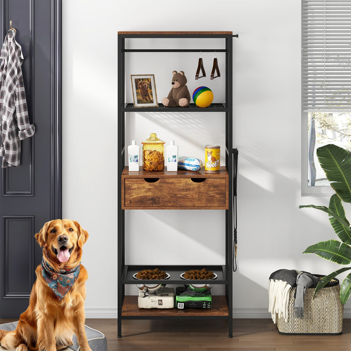 Dog Feeding Station - 3 Adjustable Bowls, Storage Shelves & Drawers