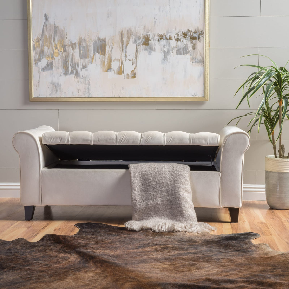 Ivory Fabric Storage Bench - 50" Seat, Black Legs