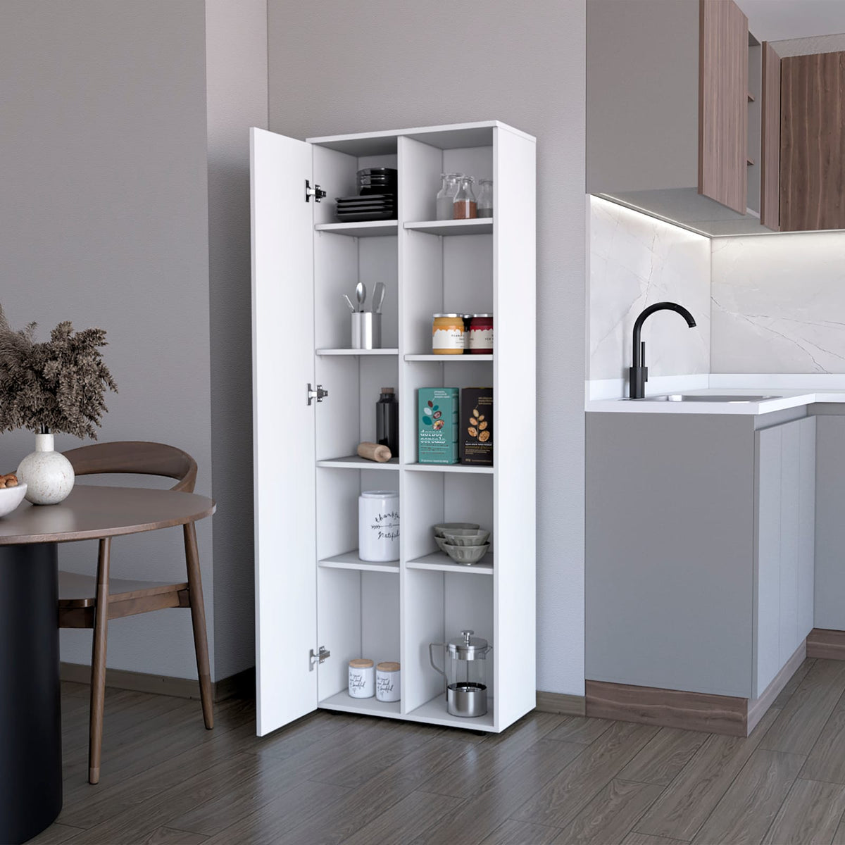 White Modern Kitchen Pantry - 5 Shelves, Particle Board