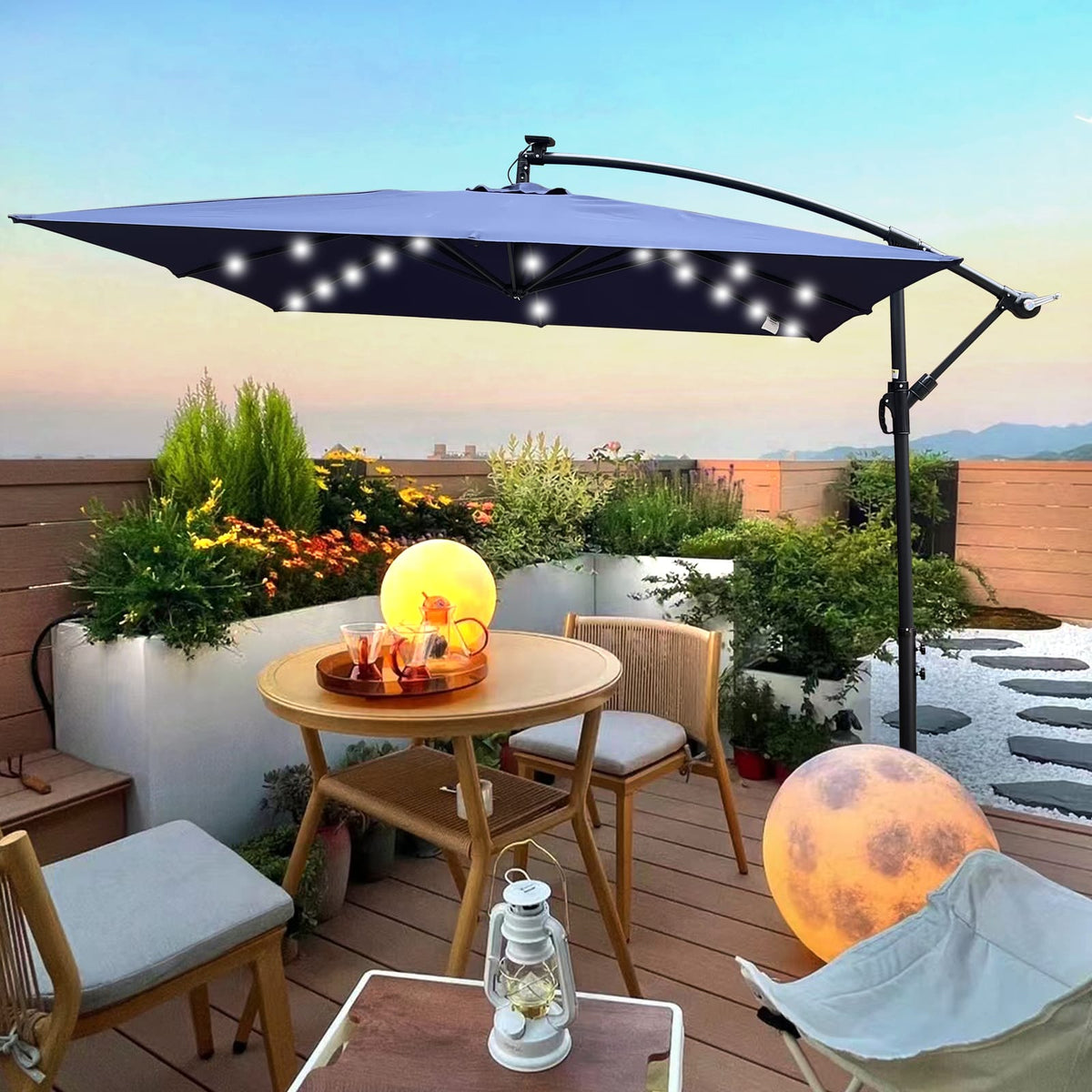 Solar Powered Navy Blue Patio Umbrella with LED Lights for Garden Deck