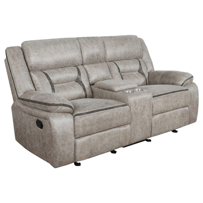 Taupe Leatherette Recliner Sofa with Wall Hugger and Drop-Down Table for Living Room