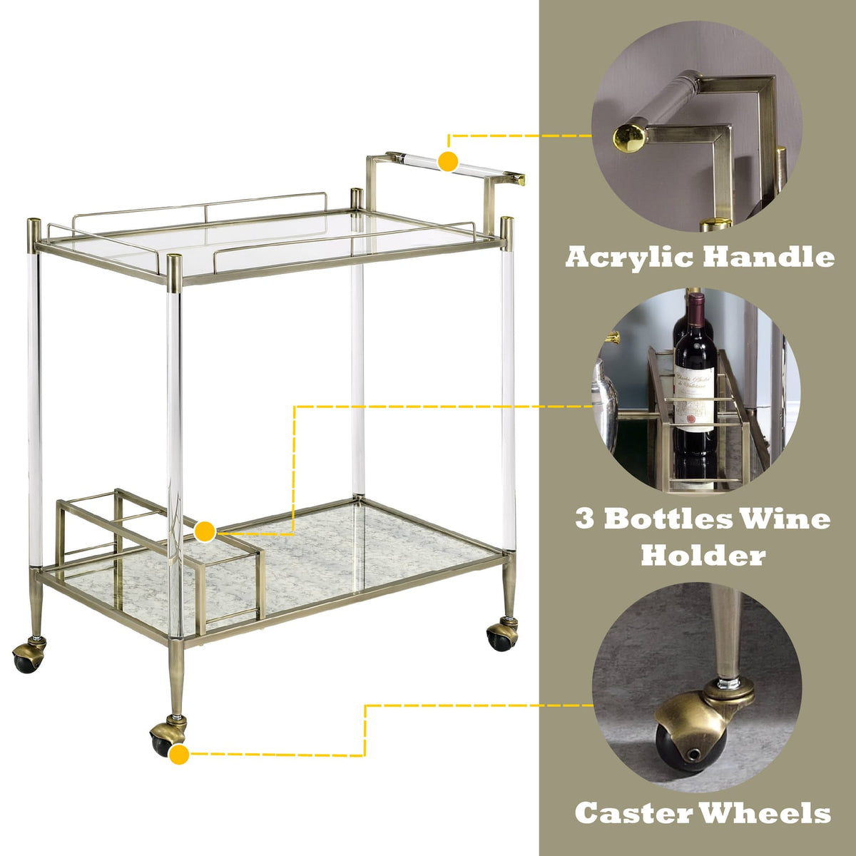 Antique Brass Glass Serving Cart for Kitchen Storage and Dining