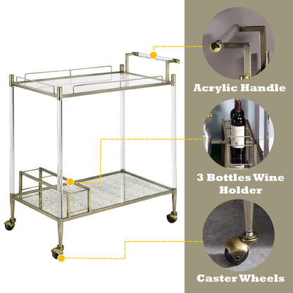 Antique Brass Glass Serving Cart for Kitchen Storage and Dining