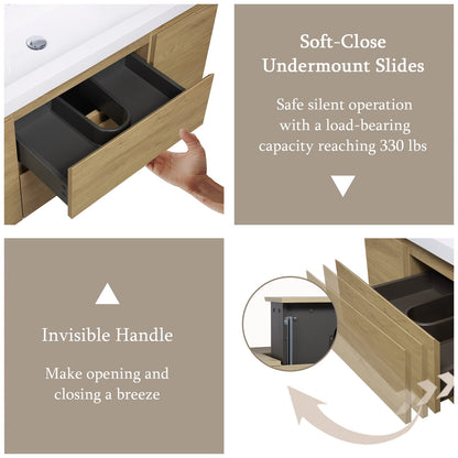 Oak Wall Mounted Bathroom Vanity with Sink - 48" Storage Cabinet