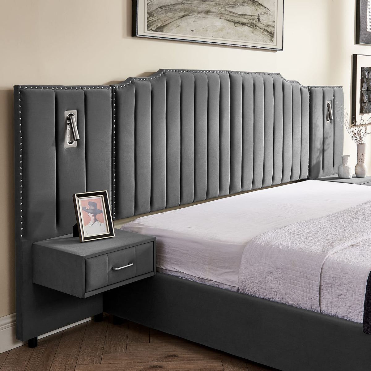 Queen Size Upholstered Bed Frame - Gray Velvet, Vertical Stripe Design