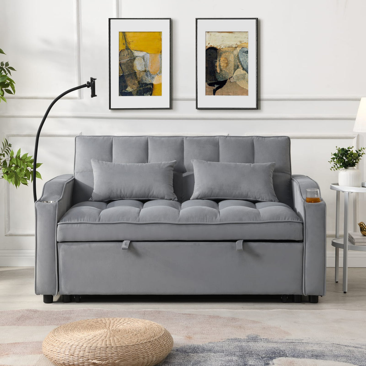 Light Gray Velvet Sofa Bed with Pullout Sleeper Function for Living Room