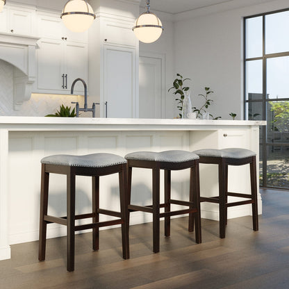 31 Inch Gray Barstool - PU Leather Seat, Solid Wood Frame