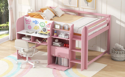 Pink Low Loft Bed with Desk & Storage - Full Size for Bedroom