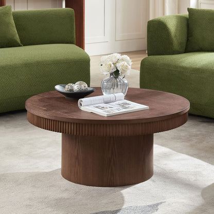 Walnut Round Coffee Table with Wave Trim, MDF for Living Room
