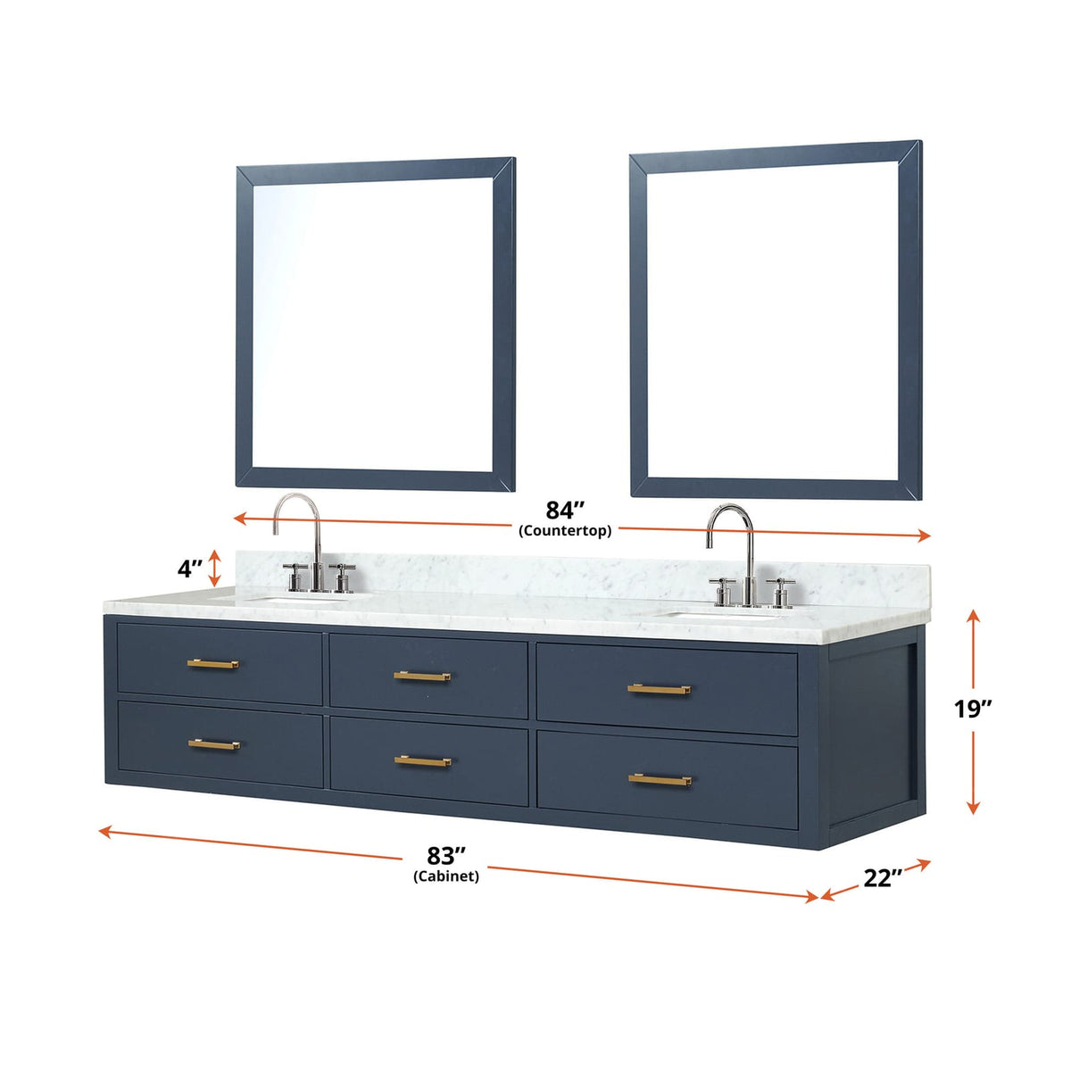 Blue Double Bath Vanity - 84" W with Carrara Marble Top & Mirrors