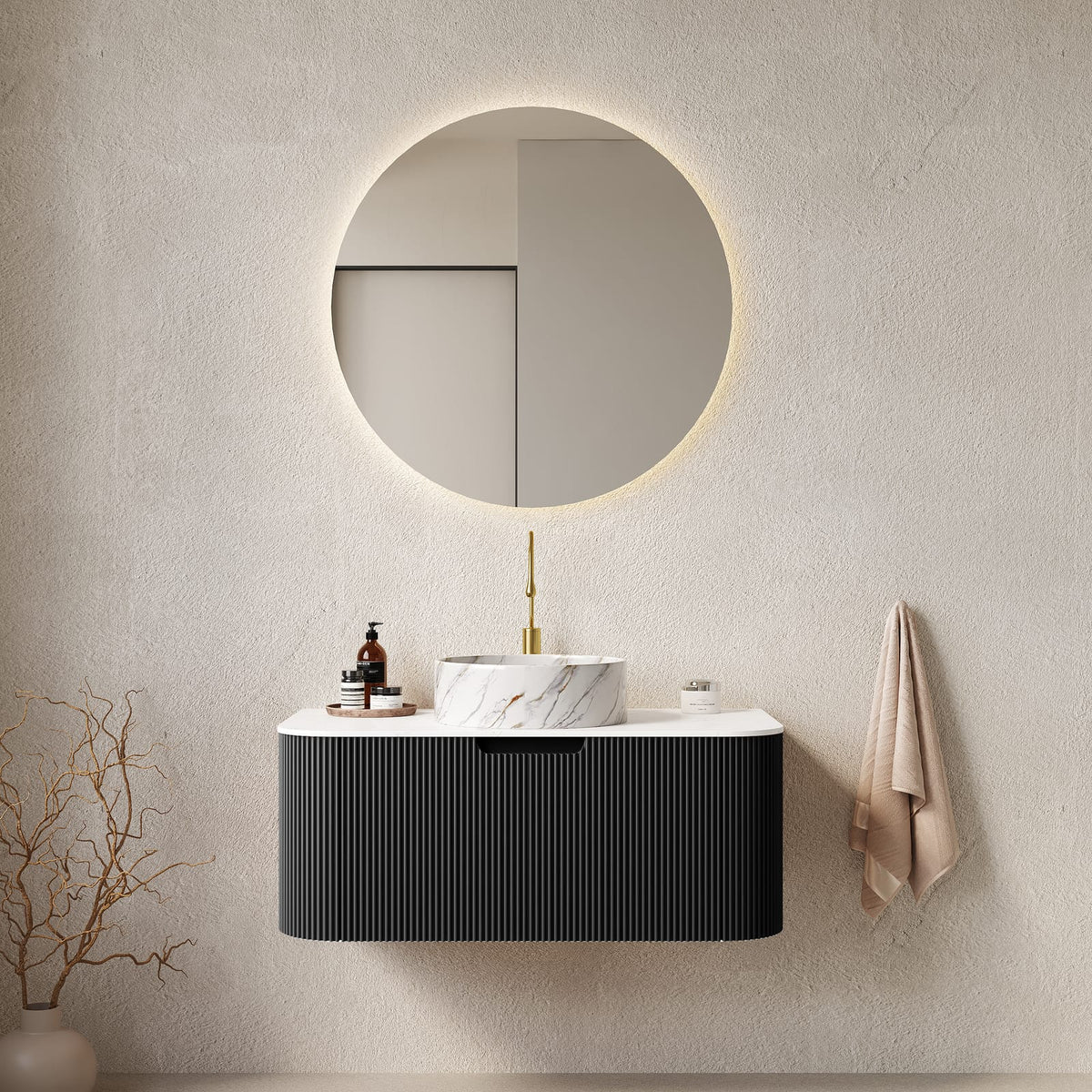 36 Inch Wall-Mounted Bathroom Vanity with Ceramic Basin and Plywood Storage