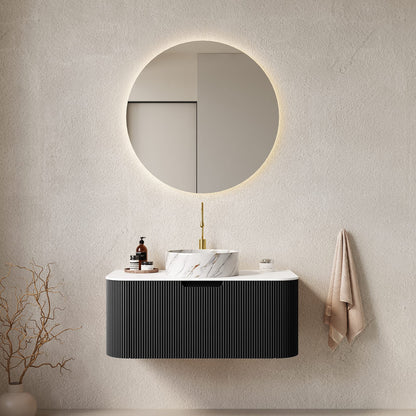 36 Inch Wall-Mounted Bathroom Vanity with Ceramic Basin and Plywood Storage