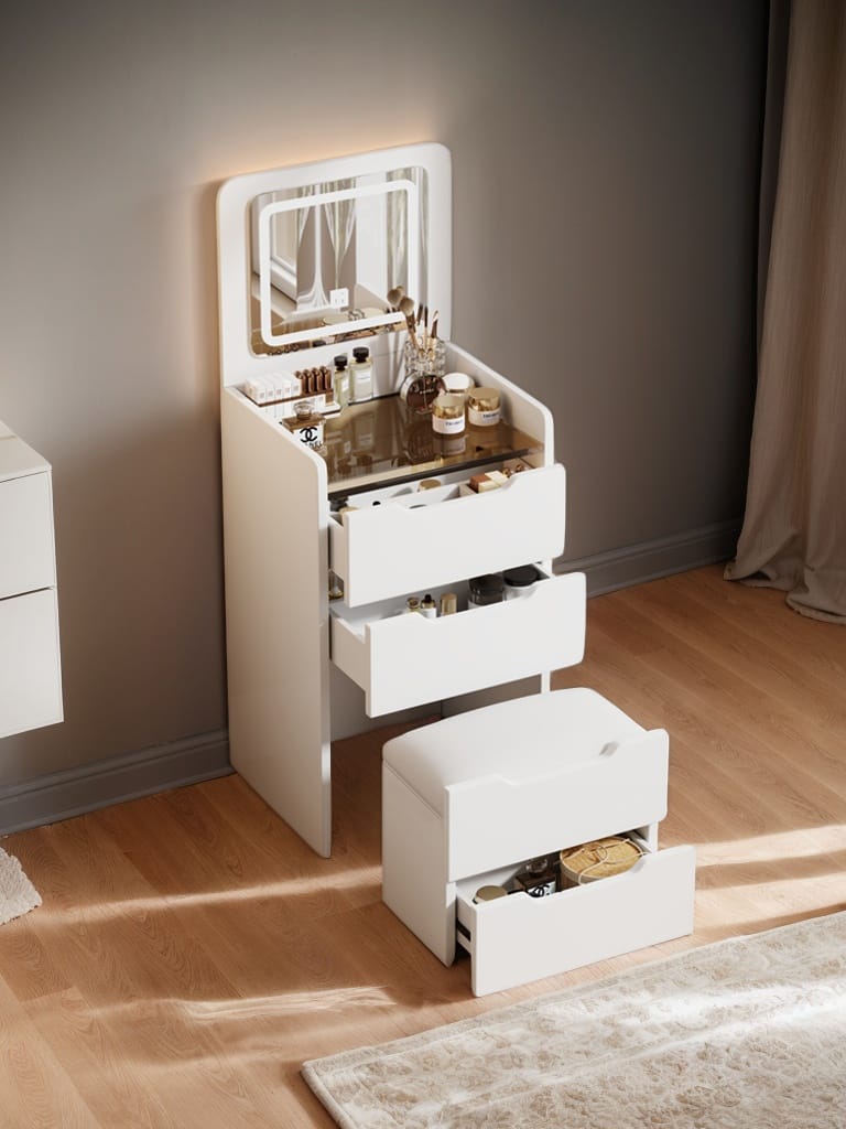 Modern White MDF+Glass Vanity Desk with Mirror and Storage for Bedroom
