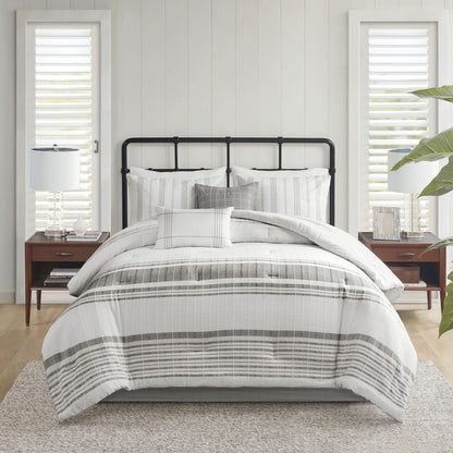 Queen Size Grey White Cotton Comforter Set - 6 Piece