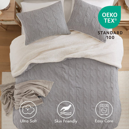 3 Pieces Full/Queen Cable Knit Chenille Comforter Set, Gray - Luxurious Comfort &