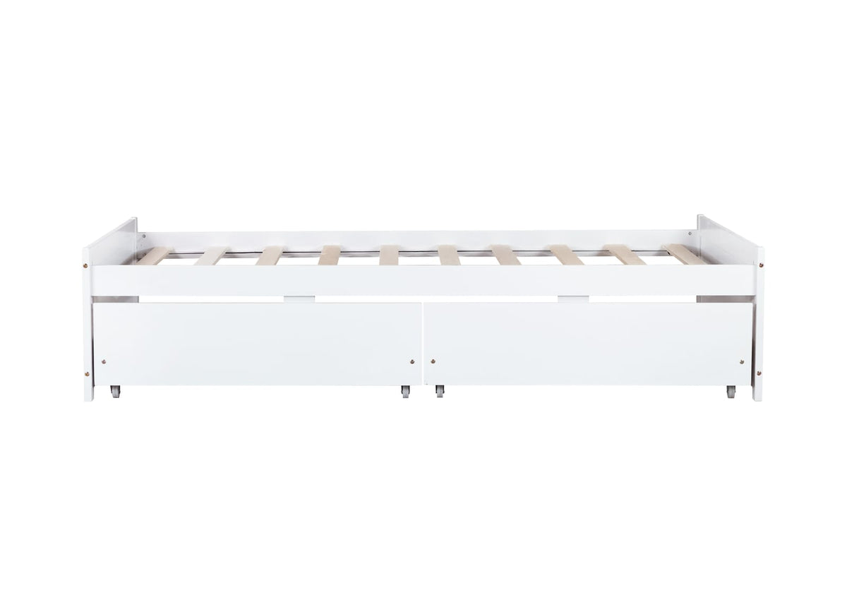 Twin Size Bed with 2 Drawers - White Rubber Wood Frame for Bedroom
