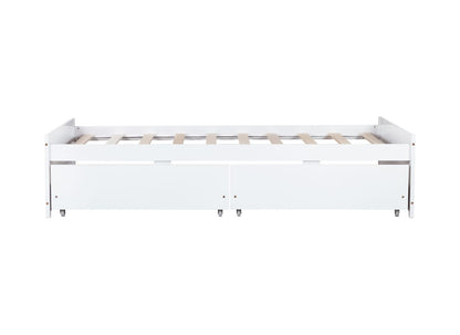 Twin Size Bed with 2 Drawers - White Rubber Wood Frame for Bedroom