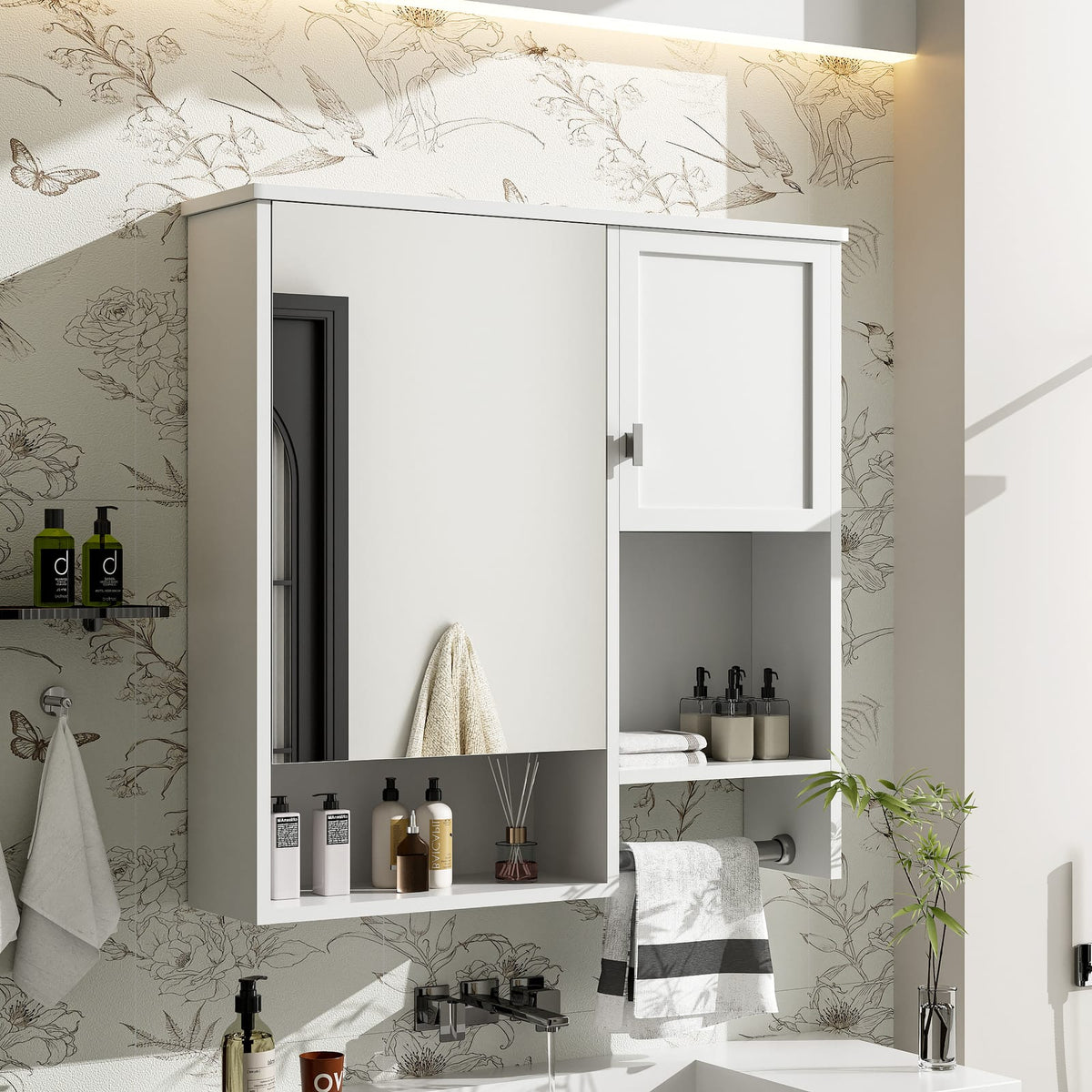 White Wall Mounted Bathroom Cabinet with Mirror - 2 Doors