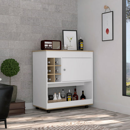 Light Oak Bar Cart - 6 Bottle Storage, Lower Panel Design
