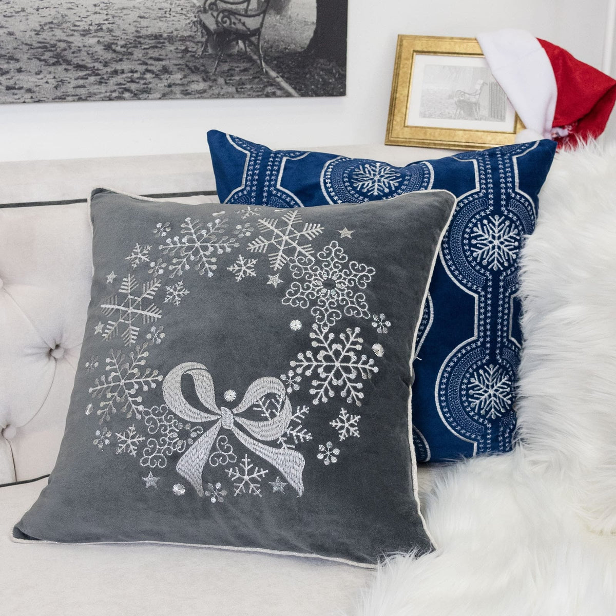 Gray Velvet Snowflake Pillow 20x20 with Insert