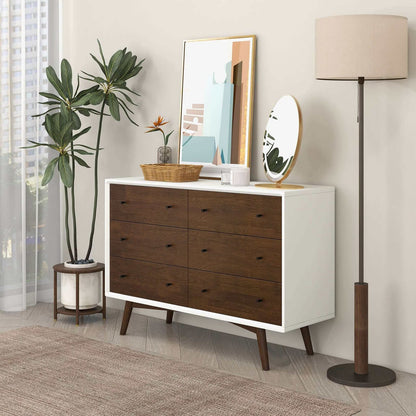 6-Drawer Mid Century Modern Dresser - Dark Brown White