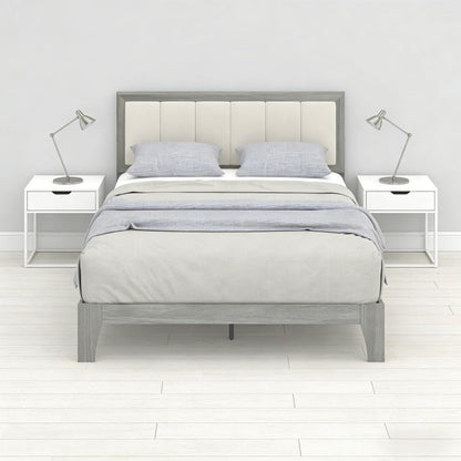 Queen Bed Frame Beige Gray Linen Look Headboard