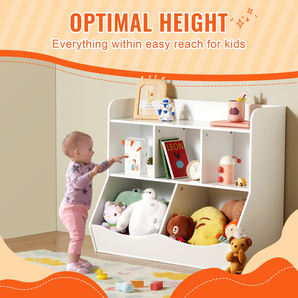 Wood Kid Storage Cubby - 5-Cubby Toy Organizer, White MDF