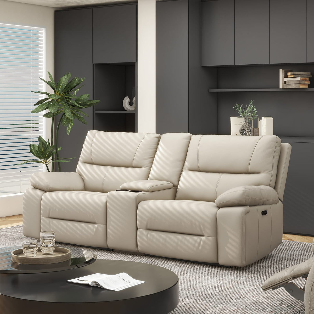 Beige Faux Leather Reclining Loveseat Sofa - 79" for Living Room