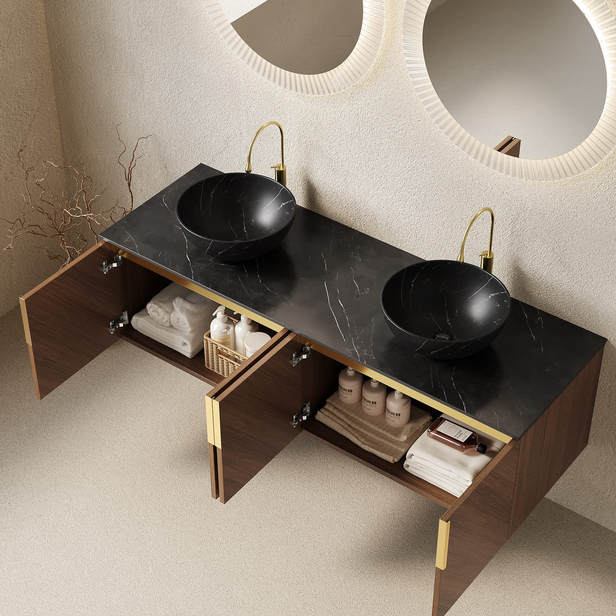 60 Inch Black Oak Bathroom Vanity with Sinks and Soft-Close Storage