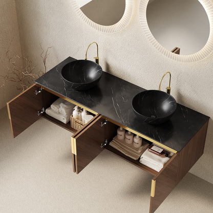 60 Inch Black Oak Bathroom Vanity with Sinks and Soft-Close Storage