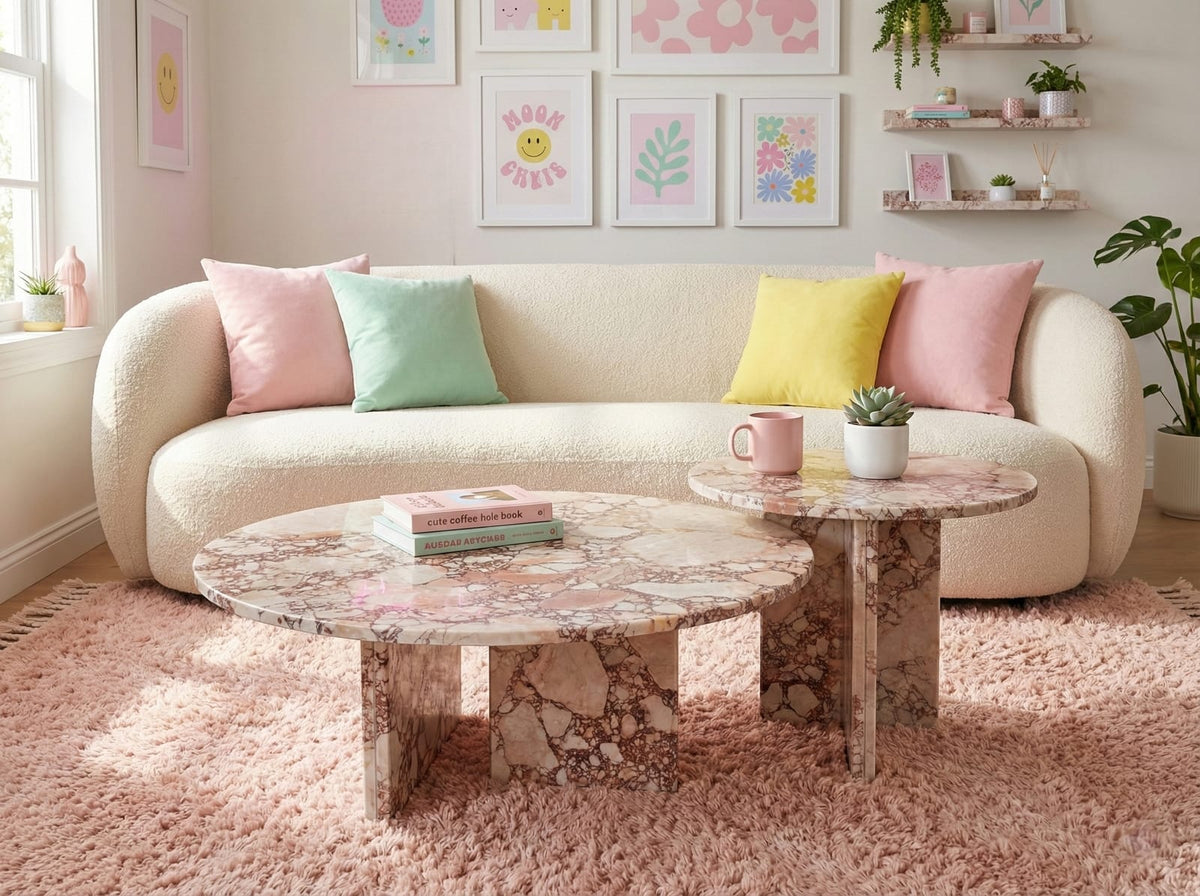 Pink Marble Round Coffee Table Set - 2 Piece
