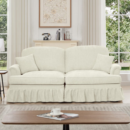 Two Seat Beige White Chenille Sofa Couch with Ruffles for Living Room