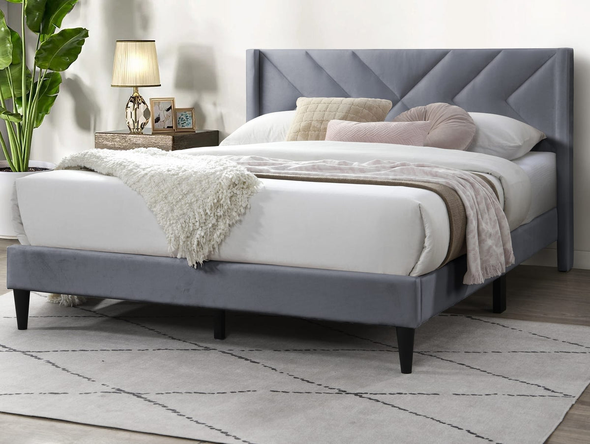Elegant Grey Velvet Queen Bed Frame - Box Spring Not Required