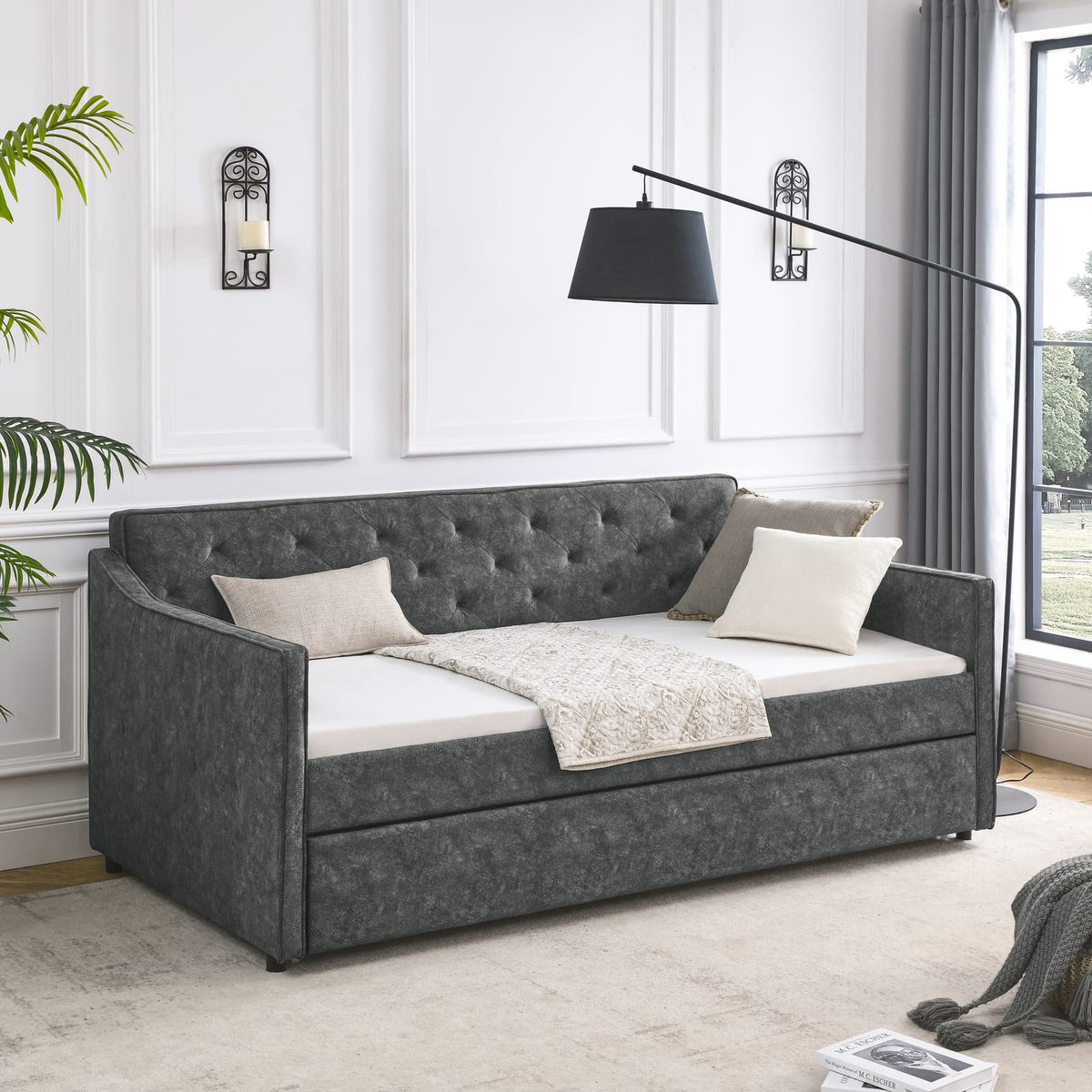 Comfortable Grey Daybed Sofa Bed with Trundle for Guest Storage